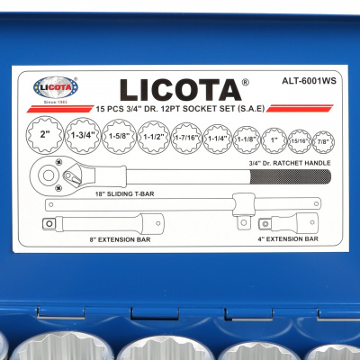 Набор торцевых головок 3/4", 12-ти гранных, 15 пр., 7/8"-2" Licota 
