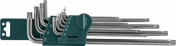 Комплект угловых ключей Torx с центрированным штифтом Extra Long Т9-Т50, S2 материал, 10 предметов Jonnesway H08S110S