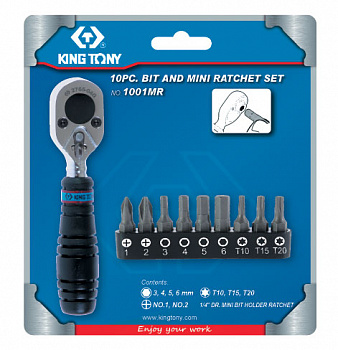 Набор вставок (бит) с трещоткой 1/4", TORX, HEX, PH, 10 предметов 1001MR King Tony