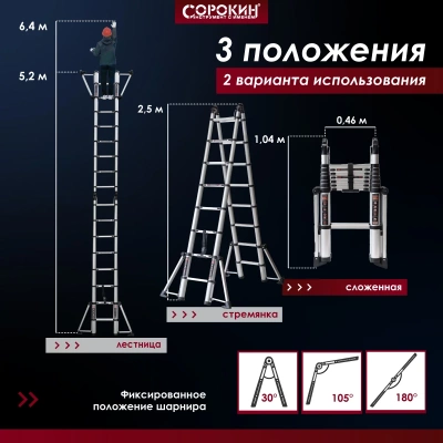 Лестница-стремянка 5,2 м телескопическая Профи Сорокин