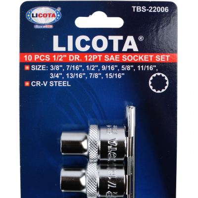 Набор торцевых головок 1/2" 12-ти гранных, 10 пр. на линейке, 3/8"-15/16" Licota