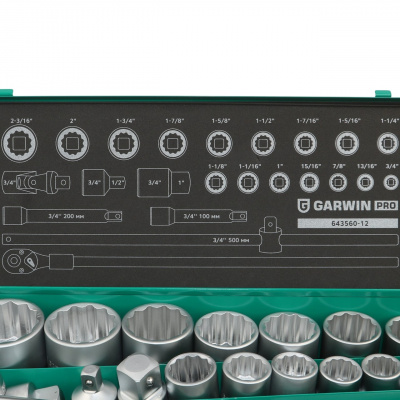 Набор торцевых головок дюймовых 3/4" 12 гр., 3/4"- 2", 23 пр. GARWIN PRO 