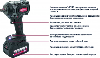 Гайковерт ударный аккумуляторный бесщёточный 1/2"DR, 21В, 890 Нм Thorvik