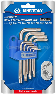 Набор Г-образных TORX, T10-T50, с отверстием, 9 предметов 20409PR King Tony