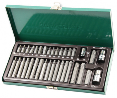 Набор вставок-бит 10 мм шестигранных Н4-12мм, TORX® Т20-Т70 (30 и 75 мм) и адаптеров 3/8’’DR и 1/2’’DR, 35 предметов S29H4135S Jonnesway