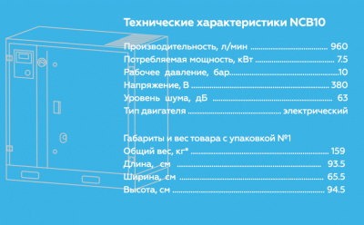 Компрессор винтовой, 7,5 кВт, 960 л/мин, 10 бар, IP23, без ресивера NORDBERG