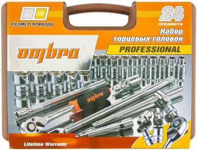 Набор головок торцевых с аксессуарами 1/2"DR, 8-32 мм, 24 предмета Ombra