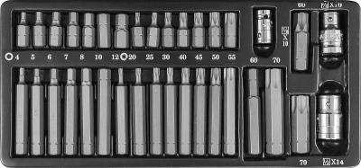 Набор вставок-бит 10 мм шестигранных Н4-12мм, TORX® Т20-Т70 (30 и 75 мм) и адаптеров 3/8’’DR и 1/2’’DR, 35 предметов S29H4135S Jonnesway