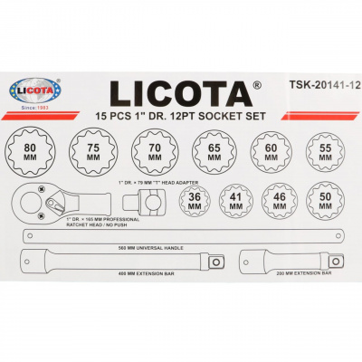 Набор торцевых головок 1", 12-ти гранных, 15 пр., 36-80 мм Licota 