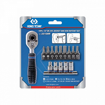 Набор вставок (бит) и головок с трещоткой 1/4", TORX, HEX, PH, 15 предметов 2515MR King Tony