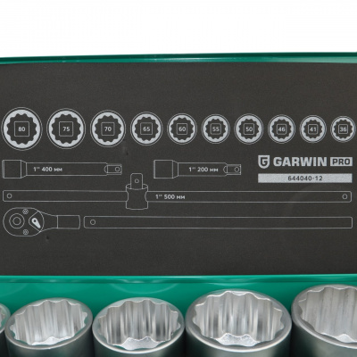 Набор торцевых головок 1", 12 гр., 14 пр., 36-80 мм GARWIN PRO 