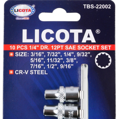 Набор торцевых головок 1/4" 12-ти гранных, 10 пр. на линейке, 3/16"-9/16" Licota